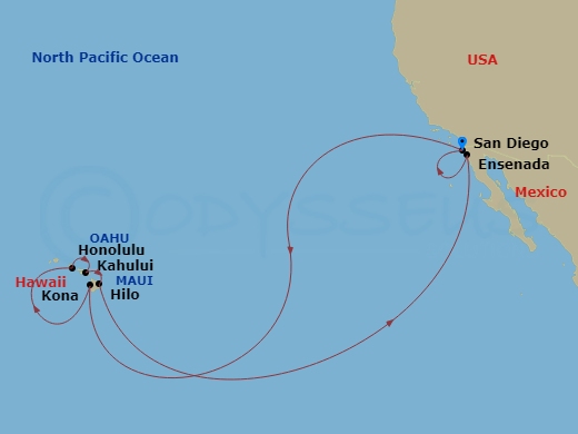 HAL Zaandam - 17 Night - Circle Hawaii with History Channel - HAL Zaandam - Starting in San Diego, California, Kona, Hawaii, Honolulu, Hawaii, Kahului, Maui, Hilo, Hawaii,.. itinerary map