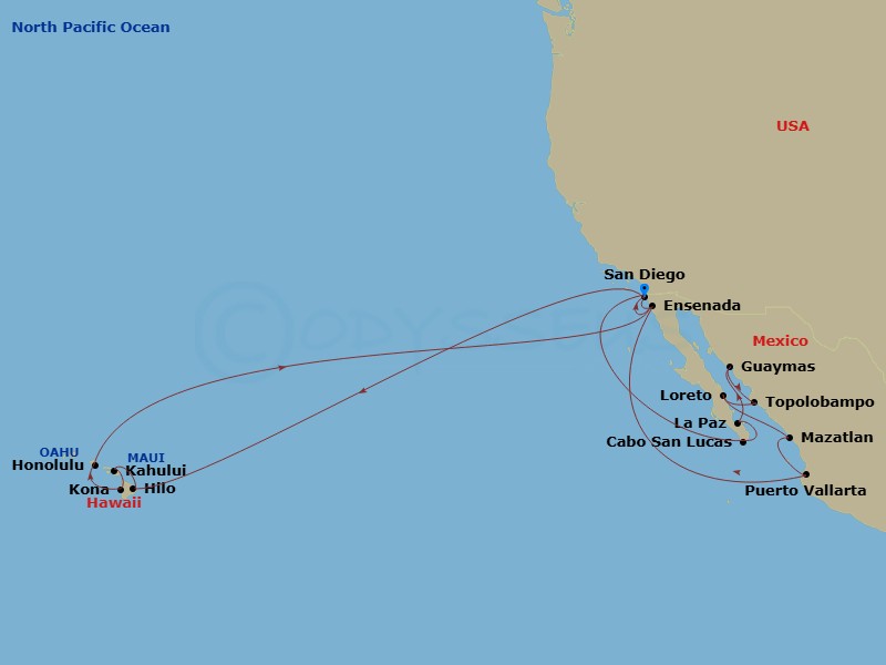 HAL Zaandam - 29 Night - Historical Baja Peninsula & Circle Hawaii Holiday - HAL Zaandam - Starting in San Diego, California, Cabo San Lucas, Mexico, Pichilingue (La Paz),.. itinerary map