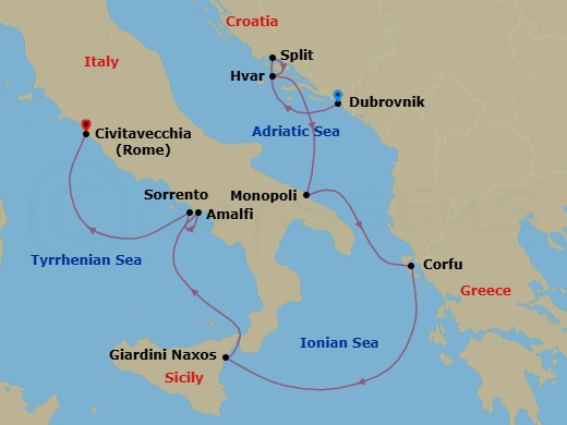9 Night - From Croatia to the Amalfi Coast via Sicily - Emerald Kaia - Starting in Dubrovnik, Croatia, Split, Croatia, Hvar, Croatia, Monopoli, Italy, Corfu, Greece, Giardini Naxos (Taormina), Italy, Amalfi, Italy, Sorrento, Italy, Civitavecchia (Rome), Italy itinerary map