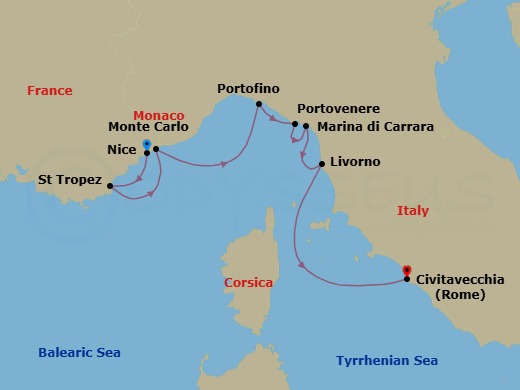 8 Night - Riviera Charm & Monaco Grand Prix - Emerald Sakara - Starting in Nice, France, Saint-Tropez, France, Monte Carlo, Monaco, Portofino, Italy, Porto Venere, Italy, Marina di Carrara, Italy, Livorno, Italy, Civitavecchia (Rome), Italy itinerary map