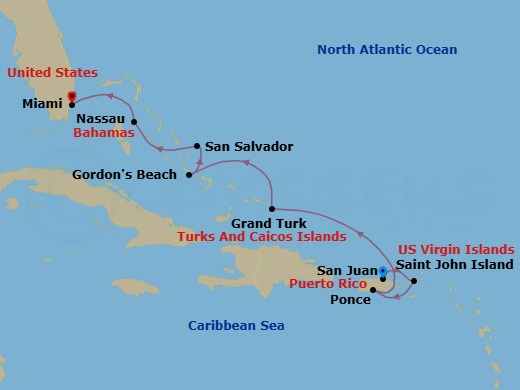 9 Night - Paradise Beaches from Usvi to the Bahamas - Emerald Kaia - Starting in San Juan, Puerto Rico, St John VI, US Virgin Islands, Ponce, Puerto Rico, Grand Turk, Turks and Caicos Islands, Gordons Beach, Long Island, The Bahamas, San Salvador Island, the Bahamas, Nassau, Bahamas, Miami, Florida itinerary map
