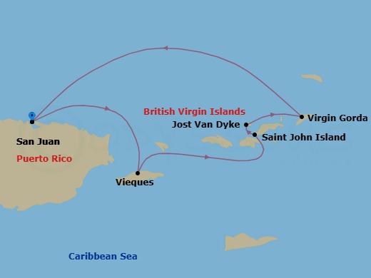 5 Night - Beaches of the Virgin Islands - Emerald Kaia - Starting in San Juan, Puerto Rico, Vieques Island, Puerto Rico, St John VI, US Virgin Islands, Jost van Dyke, British Virgin Islands, Virgin Gorda, British Virgin Islands, San Juan, Puerto Rico itinerary map