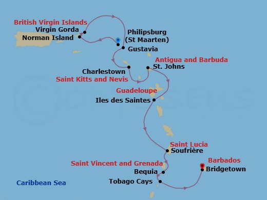 10 Night - Caribbean Island Hopping : Sint Maarten to Barbados - Emerald Sakara - Starting in Philipsburg, Sint Maarten, Norman Island, British Virgin Islands, Virgin Gorda, British Virgin Islands, Gustavia, Saint Barthelemy, Charlestown, Saint Kitts and Nevis, St Johns AG, Antigua, Iles des Saintes, Guadeloupe, Soufriere, Saint Lucia, Bequia Island, Saint Vincent and the Grenadines, Tobago Cays, Saint Vincent and the Grenadines, Bridgetown, Barbados itinerary map