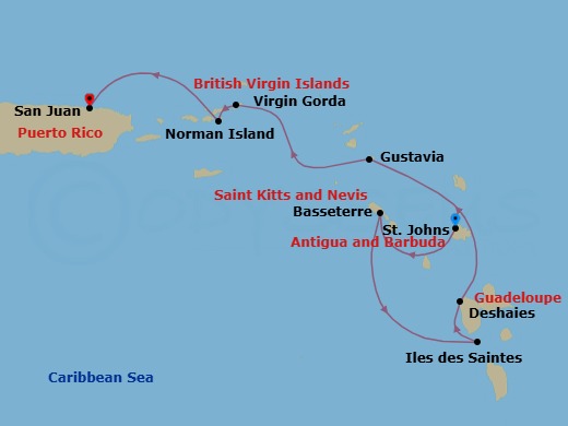 7 Night - Caribbean Yachting Discovery - Emerald Kaia - Starting in St Johns AG, Antigua, Basseterre, St Kitts and Nevis, Iles des Saintes, Guadeloupe, Deshaies, Guadeloupe, Gustavia, Saint Barthelemy, Virgin Gorda, British Virgin Islands, Norman Island, British Virgin Islands, San Juan, Puerto Rico itinerary map
