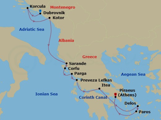 11 Night - Adriatic, Corinth Canal & the Greek Islands - Emerald Azzurra - Starting in Dubrovnik, Croatia, Korcula, Croatia, Kotor, Montenegro, Sarande, Albania / Corfu, Greece, Corfu, Greece, Parga, Greece, Lefkada, Greece, Itea, Greece / Transit through the Corinth Canal, Delos / Mykonos, Greece, Paros, Greece, Athens (Piraeus), Greece itinerary map