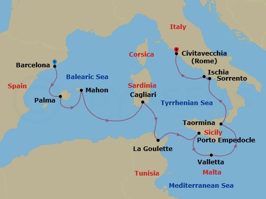 11 Night - Cultures of the Mediterranean Barcelona to Civitavecchia - Emerald Sakara - Starting in Barcelona, Spain, Palma De Mallorca, Spain, Mahon, Menorca, Spain, Cagliari, Sardinia, Italy, Tunis (La Goulette), Tunisia, Porto Empedocle, Italy, Valletta, Malta, Giardini Naxos, Taormina, Italy, Sorrento, Italy, Casamicciola Terme, Ischia, Italy, Civitavecchia (Rome), Italy itinerary map