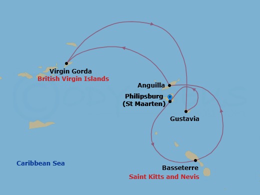 7 Night - Cruising the Leeward Islands - Emerald Sakara - Starting in Philipsburg, Sint Maarten, Basseterre, St Kitts and Nevis, Anguilla, Virgin Gorda, British Virgin Islands, Gustavia, Saint Barthelemy, Philipsburg, Sint Maarten itinerary map