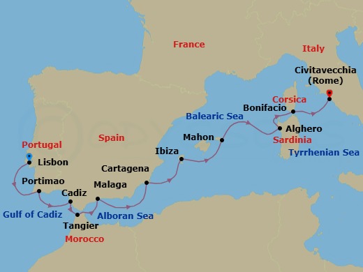 10 Night - Charming Mediterranean - Emerald Azzurra - Starting in Lisbon, Portugal, Portimao, Portugal, Cadiz, Spain, Tangier, Morocco, Malaga, Spain, Cartagena ES, Ibiza, Spain, Mahon, Menorca, Spain, Alghero, Sardinia, Italy, Bonifacio, Corsica, France, Civitavecchia (Rome), Italy itinerary map