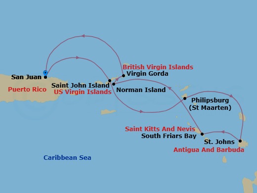 7 Night - West Indies Island Hopping - Emerald Kaia - Starting in San Juan, Puerto Rico, St John VI, US Virgin Islands, Philipsburg, Sint Maarten, St Johns AG, Antigua, South Friars Bay, St Kitts, Norman Island, British Virgin Islands, Virgin Gorda, British Virgin Islands, San Juan, Puerto Rico itinerary map