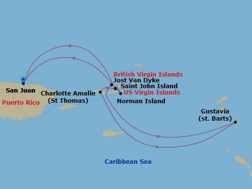 7 Night - West Indies Island Hopping - Emerald Kaia - Starting in San Juan, Puerto Rico, St John VI / St Thomas, US Virgin Islands, St Thomas, US Virgin Islands, Gustavia, Saint Barthelemy, Jost van Dyke, British Virgin Islands, Norman Island, British Virgin Islands, San Juan, Puerto Rico itinerary map