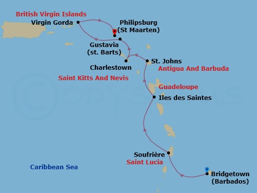 7 Night - Eastern Caribbean with St. Barths - Emerald Sakara - Starting in Bridgetown, Barbados, Soufriere, Saint Lucia, Iles des Saintes, Guadeloupe, St Johns AG, Antigua, Charlestown, Saint Kitts and Nevis, Gustavia, Saint Barthelemy, Virgin Gorda, British Virgin Islands, Philipsburg, Sint Maarten itinerary map