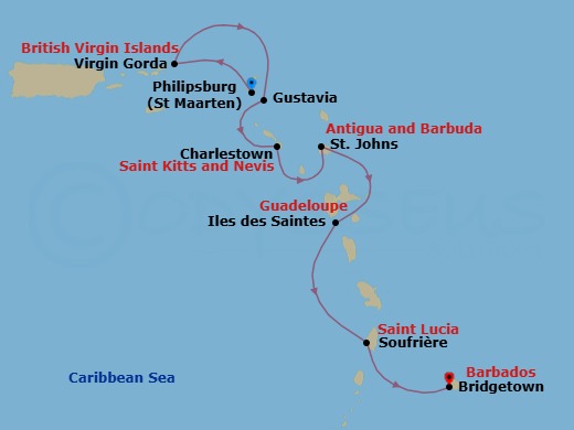 7 Night - Eastern Caribbean with St. Barths - Emerald Sakara - Starting in Philipsburg, Sint Maarten, Virgin Gorda, British Virgin Islands, Gustavia, Saint Barthelemy, Charlestown, Saint Kitts and Nevis, St Johns AG, Antigua, Iles des Saintes, Guadeloupe, Soufriere, Saint Lucia, Bridgetown, Barbados itinerary map