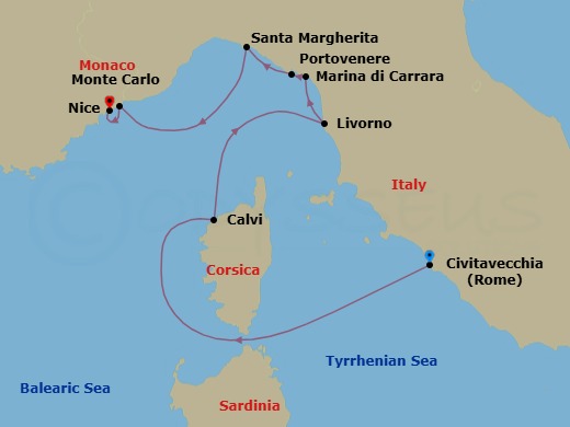 7 Night - French & Italian Rivieras with Corsica - Emerald Sakara - Starting in Civitavecchia (Rome), Italy, Calvi, Corsica, France, Livorno, Italy, Marina di Carrara, Italy, Porto Venere, Italy, Santa Margherita Ligure, Italy / Portofino, Italy, Monte Carlo, Monaco, Nice, France itinerary map
