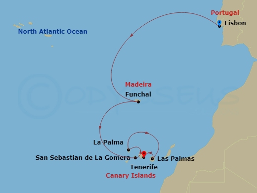Wind Spirit - 8 Night - The Colorful Canary Islands - Wind Spirit - Starting in Lisbon, Funchal, San Sebastian, Santa Cruz de La Palma, Las Palmas, Santa Cruz de Tenerife itinerary map