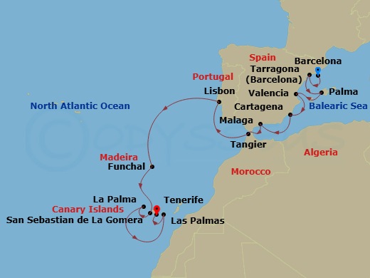 Wind Spirit - 18 Night - Star Collector : Southern Spain & Canary Islands - Wind Spirit - Starting in Barcelona, Tarragona, Spain, Palma De Mallorca, Valencia, Cartagena ES.. itinerary map