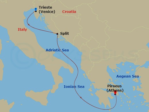 MSC Splendida - 3 Night - Mediterranean - MSC Splendida - Starting in Trieste (Venice), Italy, Split, Croatia, Piraeus (Athens), Greece itinerary map