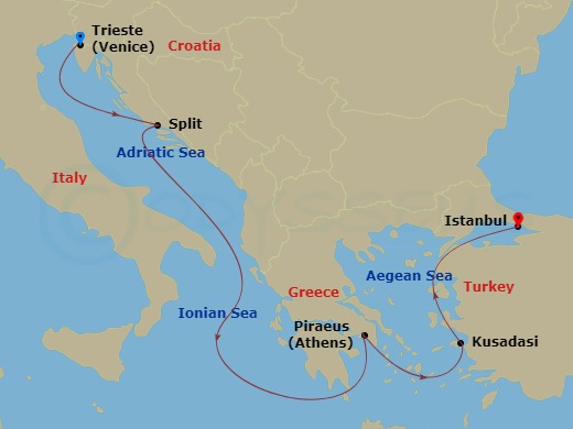 MSC Splendida - 5 Night - Mediterranean - MSC Splendida - Starting in Trieste (Venice), Italy, Split, Croatia, Piraeus (Athens), Greece, Kusadasi, Turkey, Istanbul, Turkey itinerary map