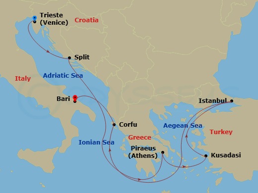 MSC Splendida - 8 Night - Mediterranean - MSC Splendida - Starting in Trieste (Venice), Italy, Split, Croatia, Piraeus (Athens), Greece, Kusadasi, Turkey, Istanbul, Turkey, C.. itinerary map