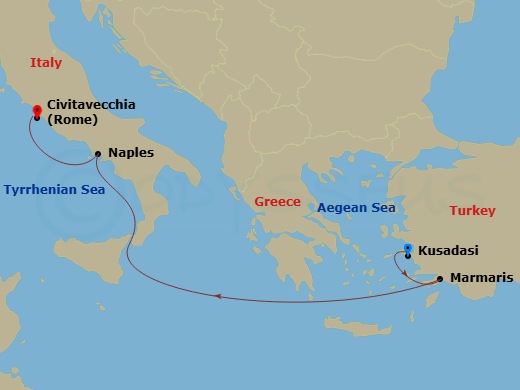 MSC Divina - 4 Night - Mediterranean - MSC Divina - Starting in Kusadasi, Turkey, Marmaris, Turkey, Naples (Pompeii), Italy, Civitavecchia (Rome), Italy itinerary map