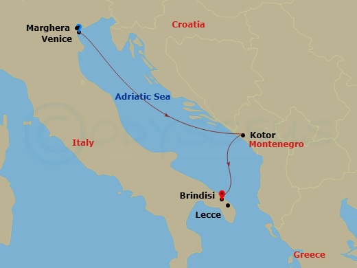 MSC Armonia - 3 Night - Vce - MSC Armonia - Starting in Venice / Marghera, Italy, Kotor, Montenegro, Brindisi (Lecce), Italy itinerary map