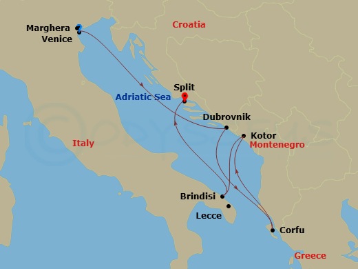 MSC Armonia - 6 Night - Mediterranean - MSC Armonia - Starting in Venice / Marghera, Italy, Dubrovnik, Croatia, Corfu, Greece, Kotor, Montenegro, Brindisi (Lecce), Italy, S.. itinerary map