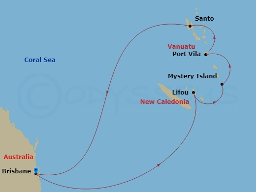 Carnival Encounter - 10 Night - Vanuatu & New Caledonia - Carnival Encounter - Starting in Brisbane, Australia, Lifou, New Caledonia, Mystery Island, Vanuatu, Vila, Vanuatu, Santo.. itinerary map
