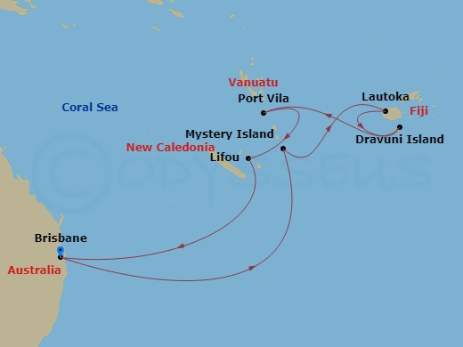 Carnival Encounter - 12 Night - Fiji & South Pacific - Carnival Encounter - Starting in Brisbane, Australia, Mystery Island, Vanuatu, Lautoka, Fiji, Dravuni Island, Fiji, Vila, Va.. itinerary map