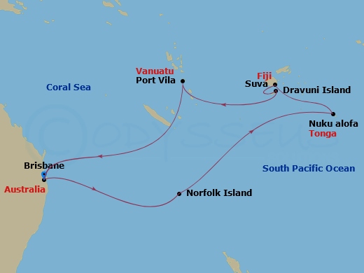 Carnival Encounter - 14 Night - Journeys - Mutiny On the Bounty - Carnival Encounter - Starting in Brisbane, Australia, Norfolk Island, Australia, Nukualofa, Tonga, Cruise Mutiny.. itinerary map