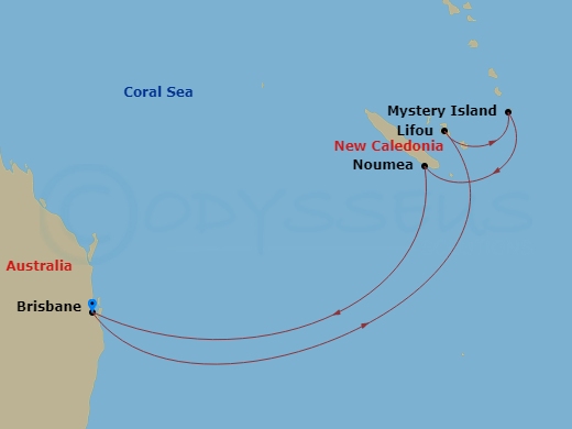 Carnival Encounter - 8 Night - Vanuatu & New Caledonia - Carnival Encounter - Starting in Brisbane, Australia, Lifou, New Caledonia, Mystery Island, Vanuatu, Noumea, New Caledonia.. itinerary map