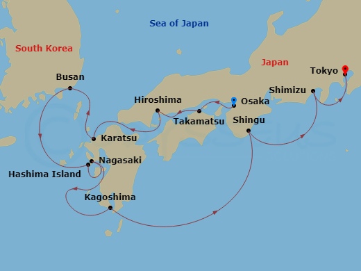 Star Seeker - 10 Night - Grand Japan - Star Seeker - Starting in Osaka, Takamatsu, Hiroshima, Karatsu, Busan, Scenic Cruising Hashima Island, Japan, Nagasaki, Kagoshima, Sh.. itinerary map