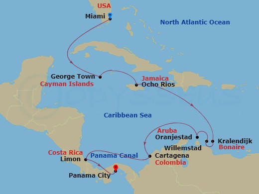 Seven Seas Grandeur - 12 Night - Majestic Beaches & Canal Crossing - Seven Seas Grandeur - Starting in Miami, Cruising the Florida Straits, George Town, Ocho Rios, Jamaica, Cruisin.. itinerary map