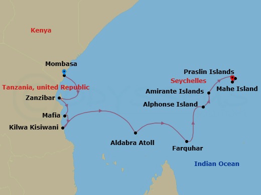 12 Night - Seychelles & Indian Ocean Adventure - Emerald Raiya - Starting in Mombasa, Kenya, Zanzibar, Tanzania, Mafia Island, Tanzania, Kilwa Kisiwani, Tanzania, Aldabra Atoll, Seychelles, Farquhar Atoll, Seychelles, Alphonse Atoll, Seychelles, Amirante Islands, Seychelles, Praslin Island / La Digue, Seychelles, Mahe Island itinerary map
