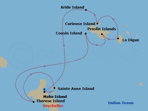 9 Night - Seychelles Island Hopping - Emerald Raiya - Starting in Mahe Island, Sainte Anne Island, Therese Island, Cousin Island / Praslin Island, Praslin Island / La Digue Island, La Digue Island / Curieuse Island, Curieuse Island, Aride Island, Mahe Island itinerary map