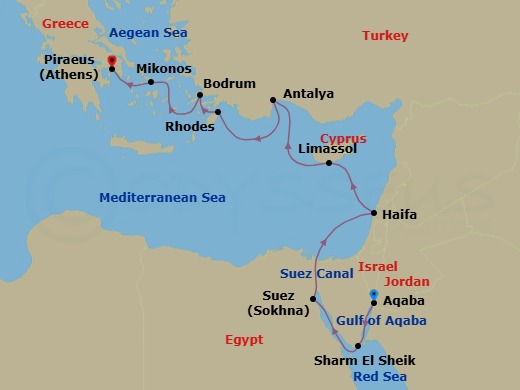 12 Night - Ancient Wonders - Aqaba to Athens via the Suez Canal - Emerald Raiya - Starting in Aqaba, Jordan, Sharm El-Sheikh, Egypt, Ain Sokhna, Egypt, Transit through the Suez Canal, Haifa, Israel, Limassol, Cyprus, Antalya, Turkey, Rhodes, Greece, Bodrum, Turkey, Mykonos, Greece, Athens (Piraeus), Greece itinerary map