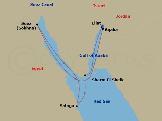 9 Night - Ancient Wonders of Israel, Egypt & Jordan - Emerald Raiya - Starting in Aqaba, Jordan, Ain Sokhna, Egypt, Safaga, Egypt, Sharm El-Sheikh, Egypt, Eilat, Israel, Aqaba, Jordan itinerary map