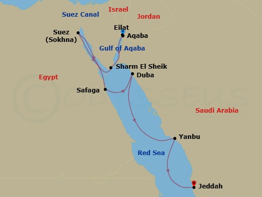 11 Night - Red Sea Wonders of the Ancient World - Emerald Raiya - Starting in Aqaba, Jordan, Eilat, Israel, Sharm El-Sheikh, Egypt, Ain Sokhna, Egypt, At Sea / Safaga, Egypt, Safaga, Egypt, Duba, Saudi Arabia, Yanbu, Saudi Arabia, Jeddah, Saudi Arabia itinerary map