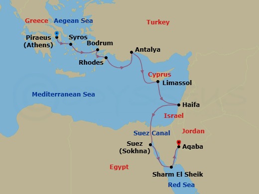 12 Night - Ancient Wonders - Athens to Aqaba via the Suez Canal - Emerald Raiya - Starting in Athens (Piraeus), Greece, Syros, Greece, Bodrum, Turkey, Rhodes, Greece, Antalya, Turkey, Limassol, Cyprus, Haifa, Israel, Transit through the Suez Canal / Ain Sokhna, Egypt, Ain Sokhna, Egypt, Sharm El-Sheikh, Egypt, Aqaba, Jordan itinerary map