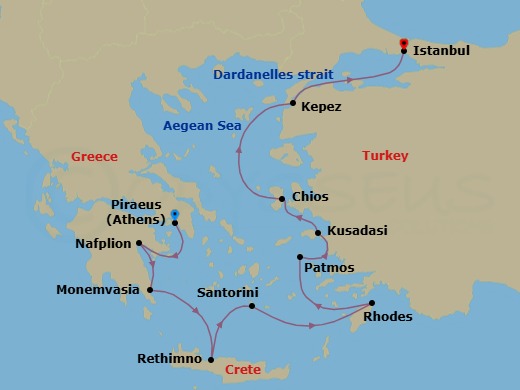 10 Night - Aegean Odyssey : Athens to Istanbul - Emerald Raiya - Starting in Athens (Piraeus), Greece, Nafplion, Greece, Monemvasia, Greece, Rethimno, Crete, Santorini, Greece, Rhodes, Greece, Patmos, Greece, Kusadasi, Turkey, Chios, Greece, Kepez / Cruise the Dardanelles, Turkey, Istanbul, Turkey itinerary map