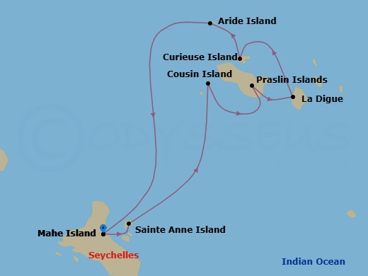 7 Night - Tropical Charms of the Seychelles - Emerald Raiya - Starting in Mahe Island, Sainte Anne Island / Cousin Island, Praslin Island, La Digue Island, Curieuse Island, Aride Island, Mahe Island itinerary map