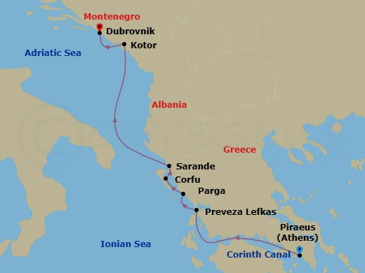 7 Night - Mediterranean Enchantment - Emerald Raiya - Starting in Athens (Piraeus), Greece, Transit through the Corinth Canal / Itea, Greece, Lefkada, Greece, Parga, Greece, Corfu, Greece, Sarande, Albania, Kotor, Montenegro, Dubrovnik, Croatia itinerary map