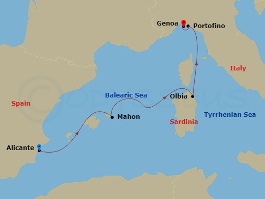 3 Night - Mediterranean - MSC Opera - Starting in Alicante, Spain, Mahon, Spain, Olbia, Italy, Genoa (Portofino), Italy itinerary map