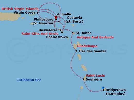 14 Night - Discover the Pearls of the Caribbean - Emerald Sakara - Starting in Bridgetown, Barbados, Soufriere, Saint Lucia, Iles des Saintes, Guadeloupe, St Johns AG, Antigua, Charlestown, Saint Kitts and Nevis, Gustavia, Saint Barthelemy, Virgin Gorda, British Virgin Islands, Philipsburg, Sint Maarten, Basseterre, St Kitts and Nevis, Anguilla, Virgin Gorda, British Virgin Islands, Gustavia, Saint Barthelemy, Philipsburg, Sint Maarten itinerary map