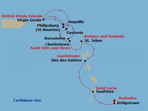 14 Night - Discover the Pearls of the Caribbean - Emerald Sakara - Starting in Philipsburg, Sint Maarten, Basseterre, St Kitts and Nevis, Anguilla, Virgin Gorda, British Virgin Islands, Gustavia, Saint Barthelemy, Philipsburg, Sint Maarten, Virgin Gorda, British Virgin Islands, Gustavia, Saint Barthelemy, Charlestown, Saint Kitts and Nevis, St Johns AG, Antigua, Iles des Saintes, Guadeloupe, Soufriere, Saint Lucia, Bridgetown, Barbados itinerary map