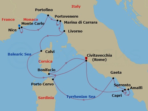 14 Night - Discover the Splendors of French & Italian Coastlines - Emerald Sakara - Starting in Nice, France, Monte Carlo, Monaco, Santa Margherita Ligure / Portofino, Italy, Porto Venere, Italy, Marina di Carrara, Italy, Livorno, Italy, Calvi, Corsica, France, Civitavecchia (Rome), Italy, Amalfi, Italy / Capri, Italy, Capri, Italy / Sorrento, Italy, Sorrento, Italy, Gaeta, Italy, Porto Cervo, Italy, Bonifacio, France, Civitavecchia (Rome), Italy itinerary map