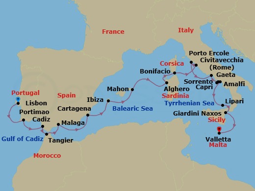 19 Night - Discover the Beauty of the Mediterranean - Emerald Azzurra - Starting in Lisbon, Portugal, Portimao, Portugal, Cadiz, Spain, Tangier, Morocco, Malaga, Spain, Cartagena ES, Ibiza, Spain, Mahon, Menorca, Spain, Alghero, Sardinia, Italy, Bonifacio, Corsica, France, Civitavecchia (Rome), Italy, Porto Ercole, Italy, Gaeta, Italy, Sorrento / Capri, Italy, Capri / Amalfi, Italy, Amalfi, Italy, Lipari, Italy, Giardini Naxos, Italy, Valletta, Malta itinerary map