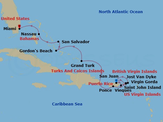 14 Night - Discover Island Rhythms & Coastal Dreams - Emerald Kaia - Starting in San Juan, Puerto Rico, Vieques Island, Puerto Rico, St John VI, US Virgin Islands, Jost van Dyke, British Virgin Islands, Virgin Gorda, British Virgin Islands, San Juan, Puerto Rico, St John VI, US Virgin Islands, Ponce, Puerto Rico, Grand Turk, Turks and Caicos Islands, Gordons Beach, Long Island, The Bahamas, San Salvador Island, the Bahamas, Nassau, Bahamas, Miami, Florida itinerary map