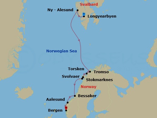 7 Night - The Svalbard Line - South - MS Midnatsol - Starting in Longyearbyen, Ny-Alesund, Tromso, Torsken, Stokmarknes, Svolvar, Bessaker, Alesund, Sabo, Bergen itinerary map