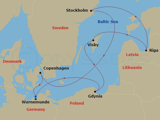 MSC Magnifica - 7 Night - Northern Europe - MSC Magnifica - Starting in Warnemunde (Berlin), Germany, Gdynia (Gdansk), Poland, Visby, Sweden, Riga, Latvia, Stockholm, Sweden,.. itinerary map