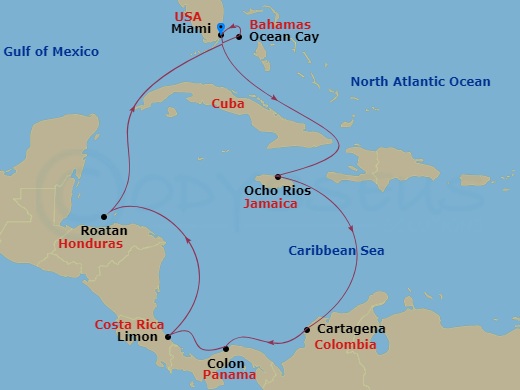 MSC Divina - 11 Night - Caribbean and Antilles - MSC Divina - Starting in Miami, Florida, Ocho Rios, Jamaica, Cartagena CO, Colon, Panama, Puerto Limon, Costa Rica, Roatan.. itinerary map
