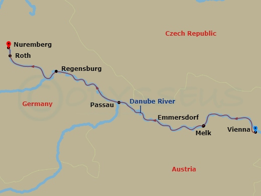 MS Amadeus Nova - 6 Night - Magic of Advent On the Danube - MS Amadeus Nova - Starting in Vienna, Melk / Emmersdorf, Passau, Regensburg, Roth, Nuremberg itinerary map